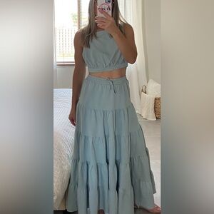 Chic Light Blue Tiered Skirt Set